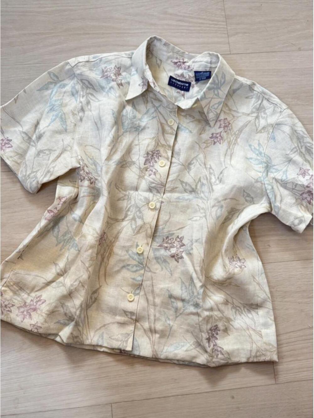 Liz Claiborne linen button up shirt with floral print in beige and purple